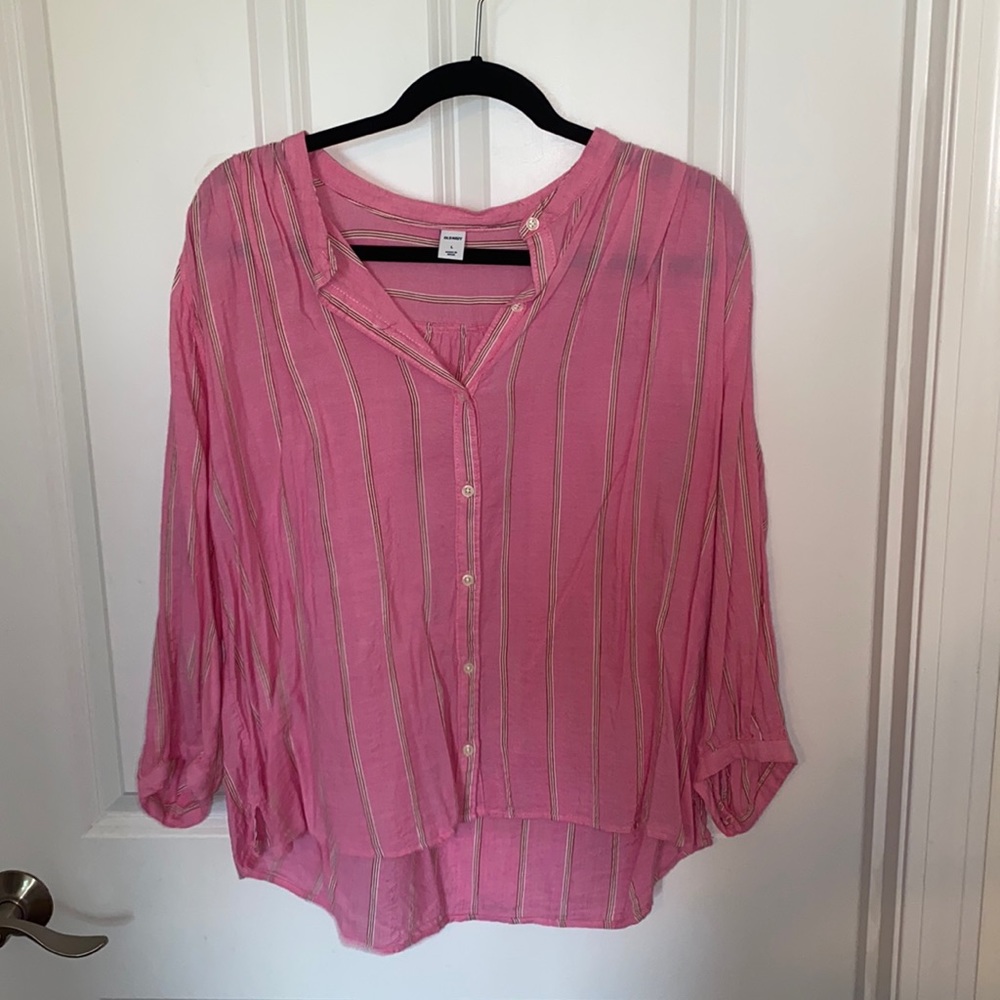 women’s pink striped button down blouse